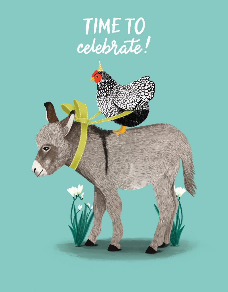 A chicken wearing a party hat on the back of a donkey. 