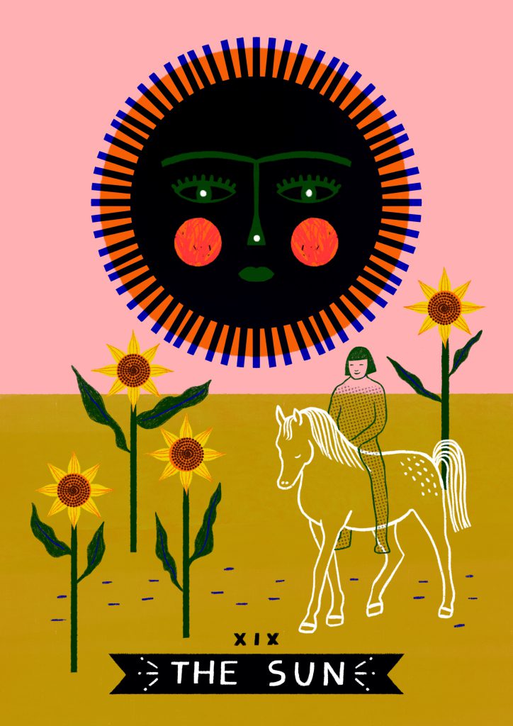 An image of the sun and a child on a white horse representing the sun tarot card